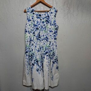 Chadwicks Blue Floral Sleeveless Cotton Blend Pleated Dress 14T Tall Pockets